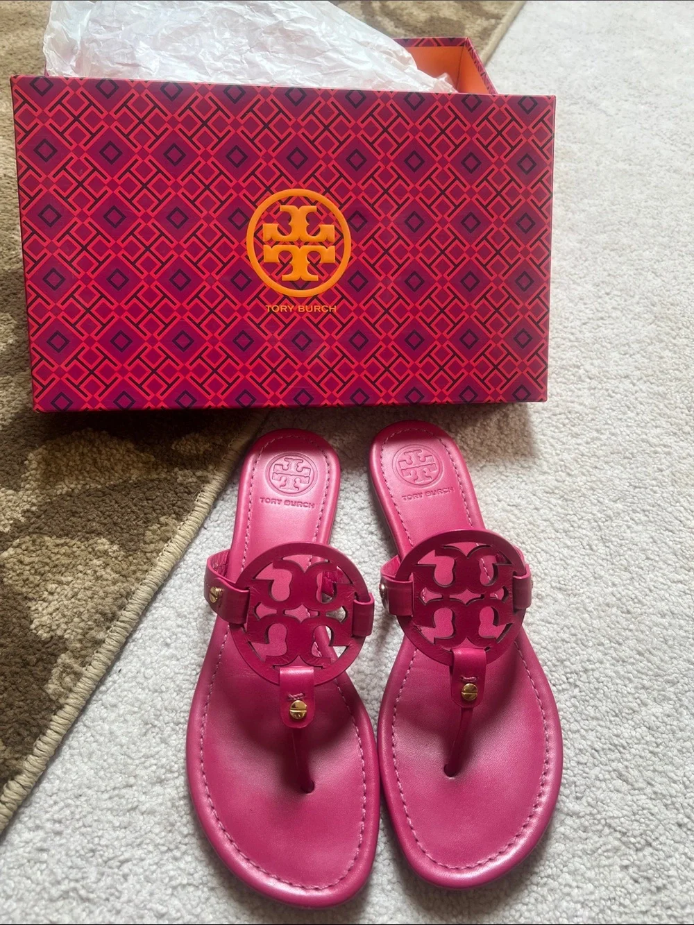 Tory Burch Hot Pink Miller Leather Thong Sandals
